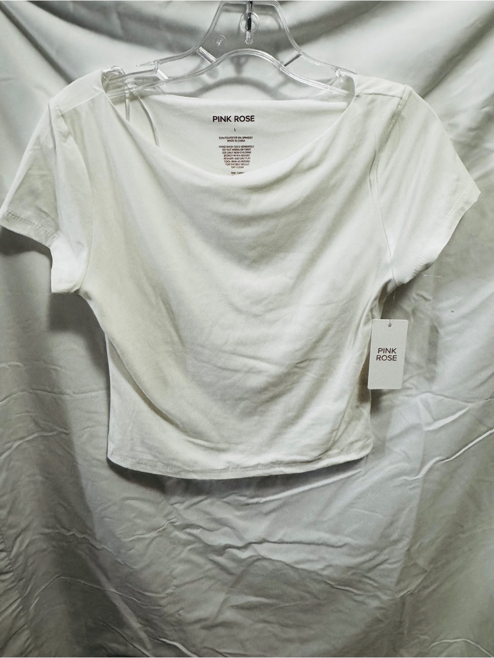 Pink Rose White Short Sleeve Scoop Crop Top stretch double layer front. NWT